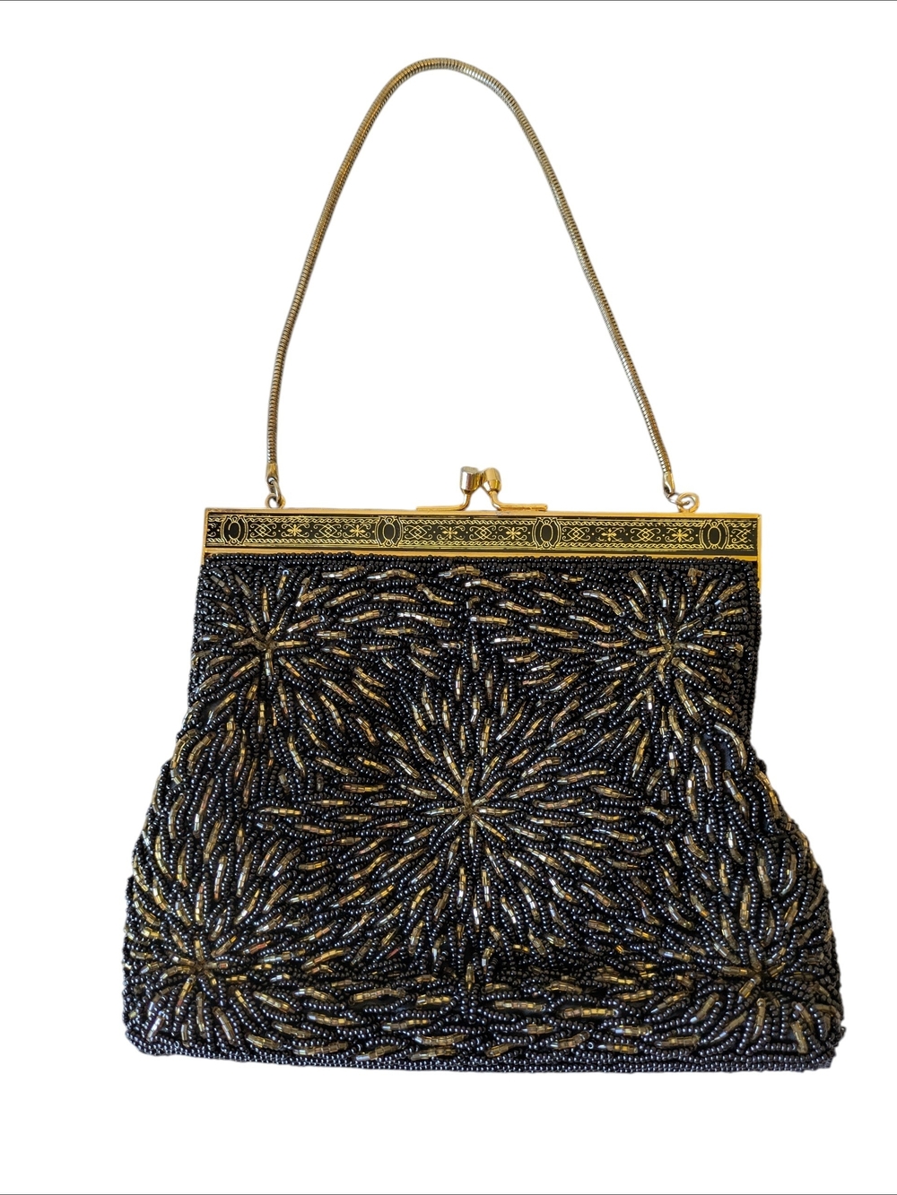 Mid-century Vintage Beaded Black & Gold Evening Handbag With Clasp Top
